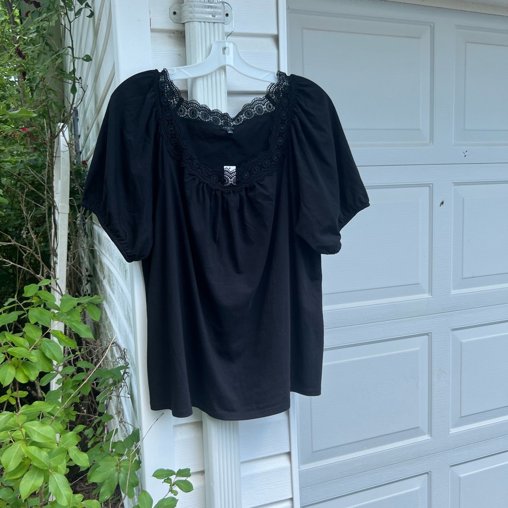 NWT Talbots Pretty Black Lace Trimmed Square Neck Short Sleeve Top